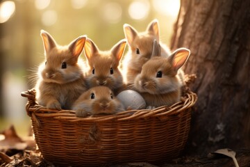 Adorable Quintet: 5 Brown Rabbits Charming Photo Moment in a Basket Generative AI