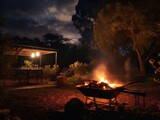 Fototapeta  - Experience the Charm of Outdoor Cooking: Sizzling BBQ under a Warm, Radiant Fire Generative AI