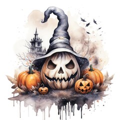Aufkleber - watercolor Halloween ghost and pumpkin in white color background
