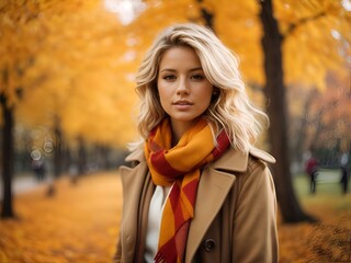 Wall Mural - A portrait of a young beautiful blonde model woman walking in a park with a coat and scarf. yellow, red and orange leaves falling from trees