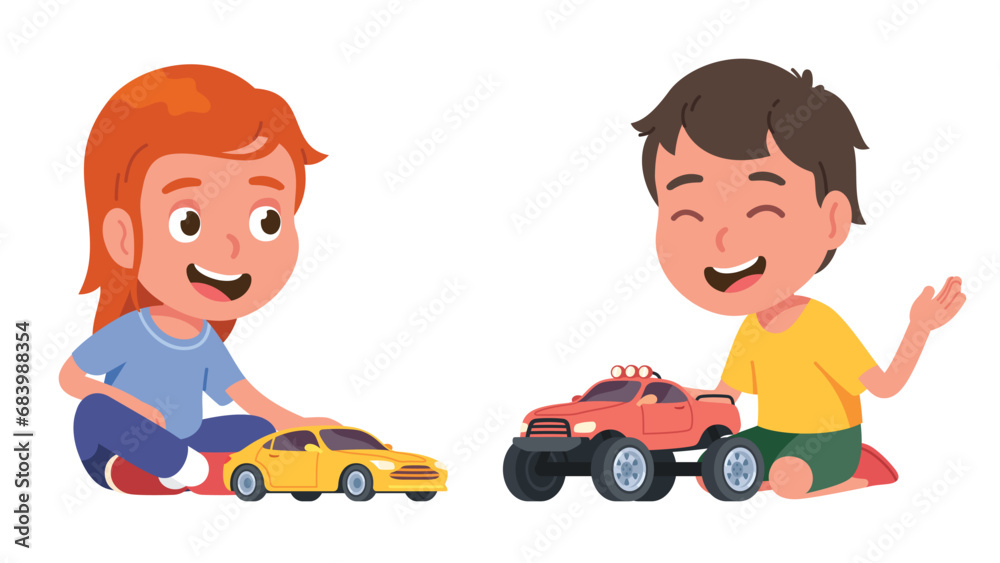Boy and girl friends kids playing with toy cars. Happy brother and ...