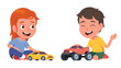 Boy and girl friends kids playing with toy cars. Happy brother and sister children persons cartoon characters playing together. Kindergarten game, childhood playtime fun flat vector illustration 
