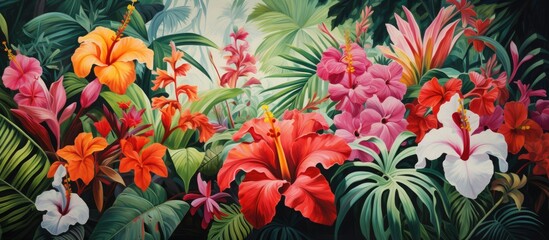 Wall Mural - in the vibrant garden of city, the lush green leaves of tropical plants showcased a delightful array