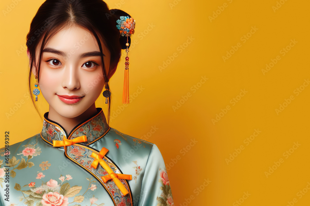 Portrait of a young Chinese Asian woman in traditional Chinese costume ...