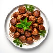 Top view of meatballs on a plate on white background.