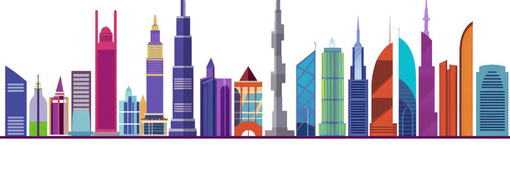 Sticker - Dubai city panorama, urban landscape with modern buildings. Business travel and travelling of landmarks. Illustration, web background. Skyscraper silhouette. UAE