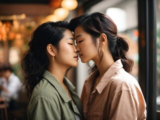 Wall Mural - A beautiful homosexual lesbian asian couple kissing and looking in each others eyes. true romantic love. two women of same gender. close to each other. 