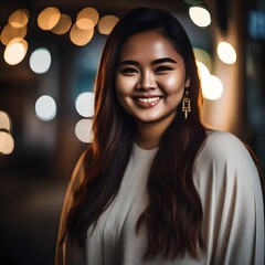 Wall Mural - headshot photo of a 20 year old pretty smiling filipino woman with chubby cheeks, looking into the camera