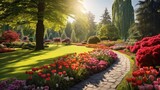 Fototapeta Tulipany - In the vibrant field of the beautiful Canadian garden, a colorful display of nature unfolds as the red, pink, and yellow flowers bloom, painting the green landscape with their natural beauty.