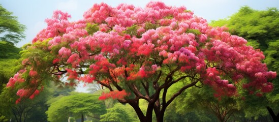 In the lush green garden amid the African summer, a beautiful mimosa tree stands tall, adorned with vibrant silk-like petals in white, pink, and red, adding a pop of color to the tropical natural