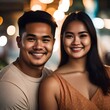 headshot photo of a 20 year old happy smiling filipino man and woman couple, looking into the camera,