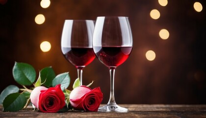 Wall Mural - Composition with two glasses of white wine. Valentine's Day card for February 14th. Background with selective focus