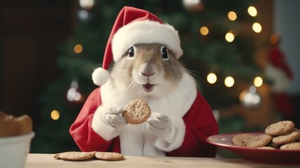 Canvas Print - A rabbit dressed as santa claus holding a cookie, AI