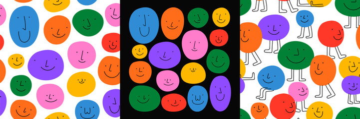 Wall Mural - diverse colorful people crowd seamless pattern illustration set. funny cartoon characters in cute ch