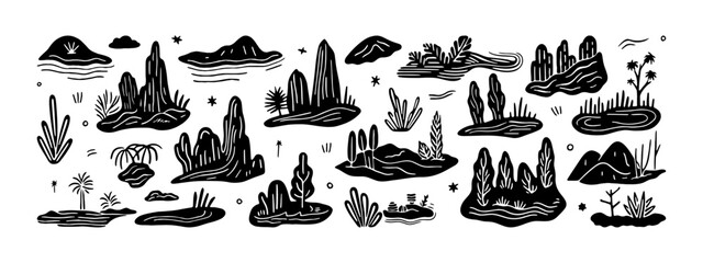 Wall Mural - Hand drawn landscape doodle set. Nature mountain cartoon icon collection. Outdoor environment bundle, natural scenery element illustration.