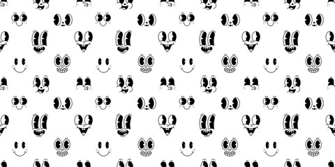Aufkleber - Funny retro cartoon character face seamless pattern. Black and white vintage animation art style background. Trendy 50s mascot texture print, facial expression graphic wallpaper drawing.