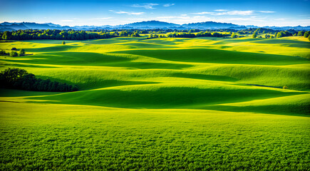 Sticker - Beautiful green valley with green fields and hills. Natural summer background, nature landscape wallpaper. Created using generative AI tools