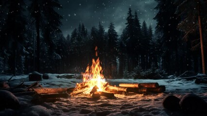 Wall Mural - campfire in the snowy forest at night, falling snow, sparkling ember, seamless 4k loop