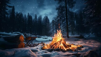 Canvas Print - campfire in the snowy forest at night, falling snow, sparkling ember, 4k seamless loop