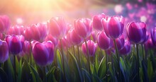 Radiant Sunlight Bathing A Meadow Of Purple Tulips - A Magical View! Generative AI