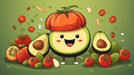 Sticker - Cute avocado with tomato and other vegetables illustration, AI