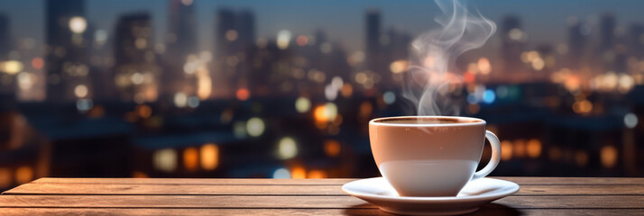 Steaming coffee and blurred city night view on an empty wooden table on an apartment balcony. Suitable for web ads and banners. A concept for a relaxing and relaxing time.