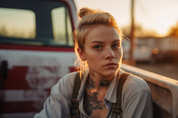 Portrait of a young woman in America's Heartland. Country music and pickup trucks, Made in the USA.