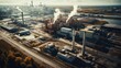 © Phoophinyo - A bird's-eye view of a suburban industrial landscape with heavy pollution caused by large factories.