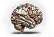 Brain Shaped Book Stack Illustration, Knowledge and Creativity in Education, Ideal Classroom Poster Art, White background