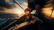 海賊船の上で、顔に傷がついている海賊見習いの少年が空を見上げている写真