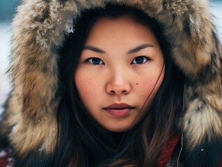 a woman wearing a fur hood