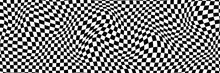 Distorted Vector Checkered Seamless Pattern. Groovy Twisted Grid. Psychedelic Dynamic Banner Background. Retro 70s Trippy Hippie Wavy Aesthetic Chess Backdrop In Black And White Racing Flag Colors