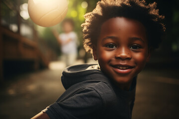 Wall Mural - Portrait of a happy young black boy smiling thrilled, in sunny day, blurred background, outdoors, playing football with a friend, wearing a hoodie, playful smile, afro american child