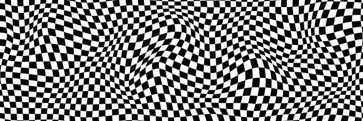 Distorted vector checkered seamless pattern. Groovy twisted grid. Psychedelic dynamic banner background. Retro 70s trippy hippie wavy aesthetic chess backdrop in black and white racing flag colors