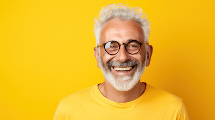 Wall Mural - Beautiful and happy blond hair senior man looking at camera isolated on yellow background