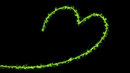 Wall Mural - Neon heart shape or laser glowing green lines in fog background. Retro yellow neon heart sign. Romantic design for Happy Valentines Day.