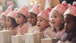 Happy kids in Santa hats with presents in kindergarten