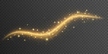 Magical Golden Glowing Trail With Dynamic Magical Dust And Stars Isolated On A Dark Transparent Background. Sparkling Wavy Light Effect. Christmas Lights. Vector Illustration.