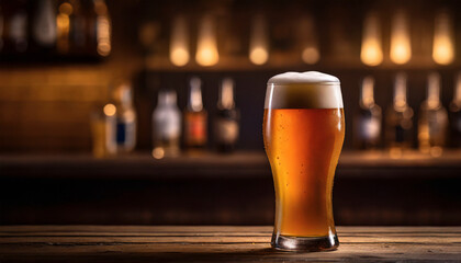 glass of beer on table with bar background