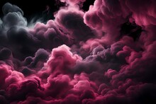 Generative AI Illustration Of Magenta And Pink Fluffy Pastel Ink Smoke Cloud Against Black Background  