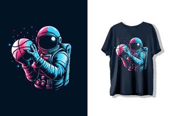 Astronaut playing basketball design for t-shirt prints or t shirt label illustration