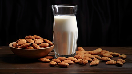 Wall Mural - Almond milk in a glass with almonds on a wooden table. dark background