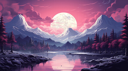 Wall Mural - 3d render abstract wallpaper with sunset or sunrise and round geometric shape. generative ai