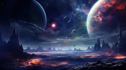 Aufkleber - Deep space planets, science fiction imagination of cosmos landscape, Bright color. Generative Ai