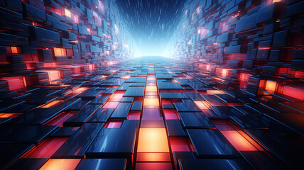 Fototapete - Aerial view, Flight over the grid, 80s Retro Sci-fi, Illustration, Bright color. Generative Ai