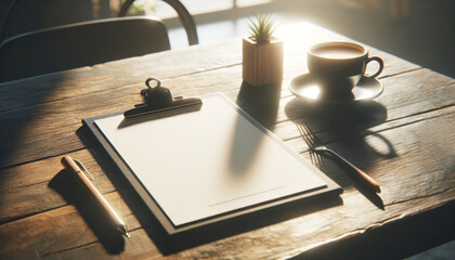 Morning light on a cafe table with a menu clipboard and coffee. Inviting ambiance concept. Generative AI