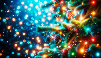 Poster - Vibrant Christmas tree branches adorned with colorful lights against a bokeh background. Holiday celebration wallpaper. Generative AI