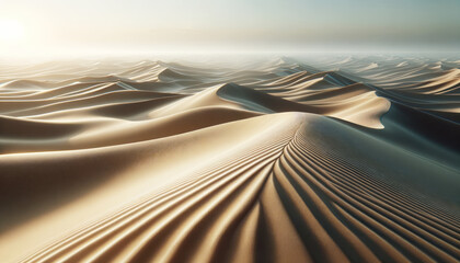 Poster - Gentle desert dunes in soft light, creating a harmonious sand wave pattern. Peacefulness concept. Generative AI