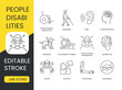 © GrandDesign - Accessibility icons set for people with disabilities, editable stroke. Hearing loss and deaf, deaf mute and auditory impairment, limited mobility and wheelchair, hearing aid and accessibility symbol
