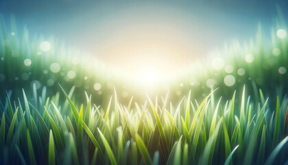 Poster - Dewdrops on green grass with a radiant sunrise in the soft focus background. Generative AI
